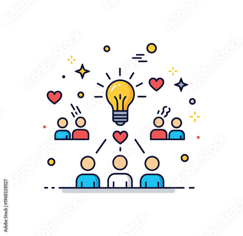 Catalyst social change concept where a small idea spreads to influence multiple people while small sparkle and heart icons emphasize impact, momentum, and
