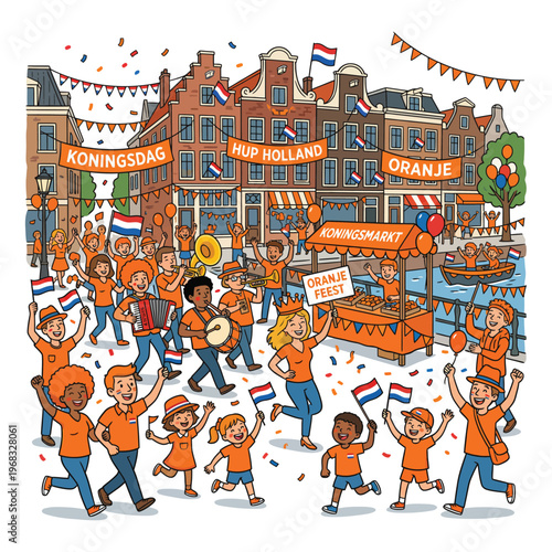 Illustration of a vibrant street party celebrating Kings Day in the Netherlands with people wearing orange and waving flags, amidst a festive background with banners and buildings.