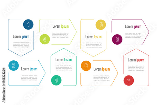 For business concept with 8 steps infographics, white pentagon shape with multicolor label, design for workflow layout, diagram, annual report, web design. vector illustration