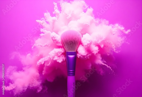 Makeup brush surrounded by pink powder cloud on purple background