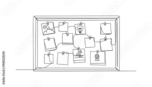 Goal Tracking Board. Minimalistic one-line drawing pinned notes and images on corkboard with goal icons, continuous single black line on white background,