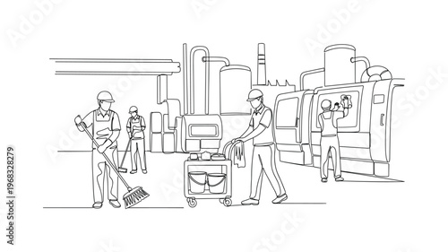 Industrial Cleaning Scene. Minimalistic one-line drawing workers maintaining factory cleanliness with tools, continuous single black line on white background,