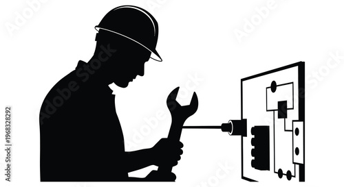 Worker repairs electrical panel with wrench depicted as a silhouette
