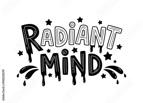Radiant Mind. lettering and all elements in black. Vector style. AWhite background. Pure white background. Perfect isolation and visual consistency. Bold
