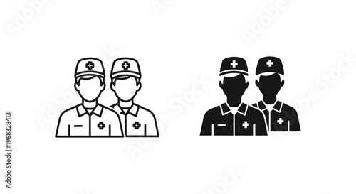 Two pairs of medical personnel depicted in a bold silhouette
