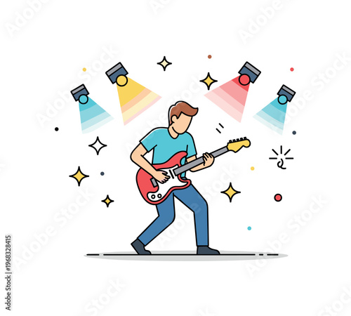 Live concert guitar performance concept where a guitarist plays on stage under colorful lights while small sparkle and star icons emphasize skill, performance,