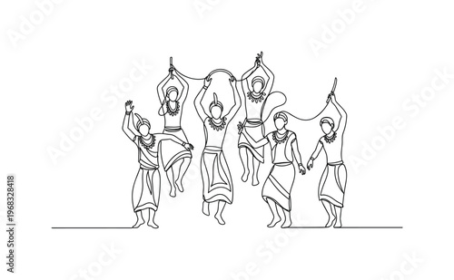 Tribal Ritual. Minimalistic one-line drawing individuals performing symbolic dance and gestures, continuous single black line on white background, simple