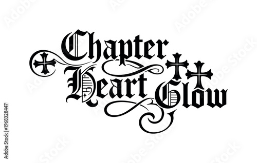 Chapter Heart Glow. lettering and all elements in black. Vector style. AWhite background. Pure white background. Perfect isolation and visual consistency.