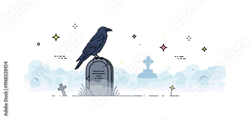 Foggy graveyard raven perched scene where a crow sits on a tombstone in dense fog while small sparkle and line icons emphasize mystery, quiet tension, and