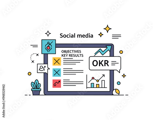 Social media OKR chart campaign tracking scene where objectives and key results are displayed on a tablet or screen while small sparkle and arrow icons