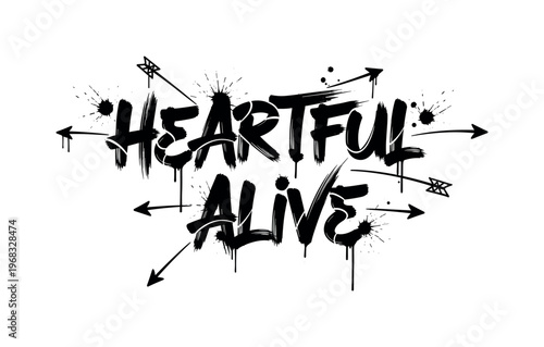 Heartful Alive. lettering and all elements in black. Vector style. AWhite background. Pure white background. Perfect isolation and visual consistency. Dynamic