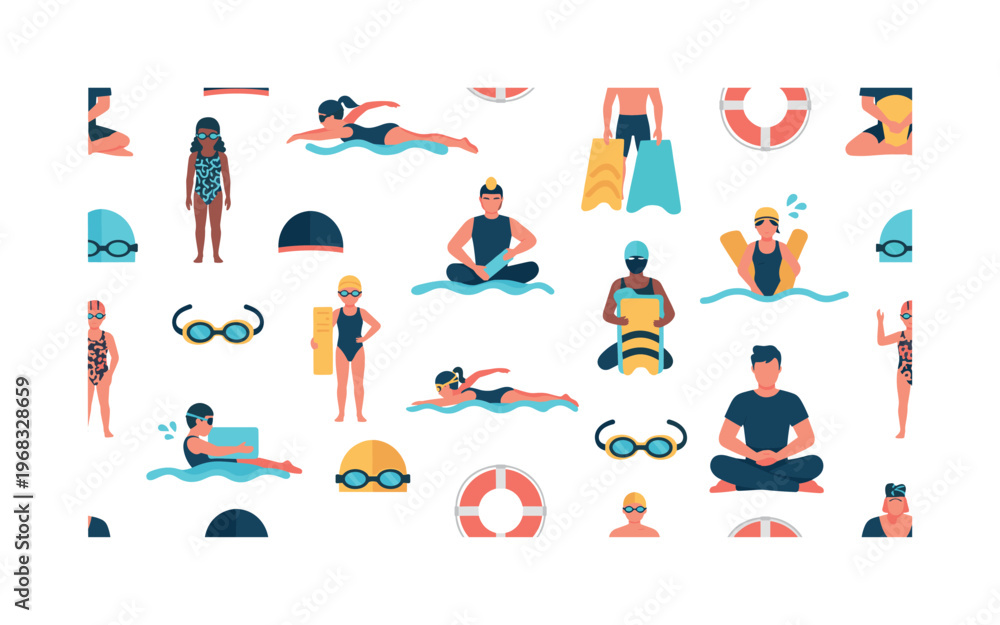 Fototapeta premium learn to swim patterns seamless pattern, repeating pattern, surface design, textile print, modern illustration of children, adults, swim instructors, goggles,