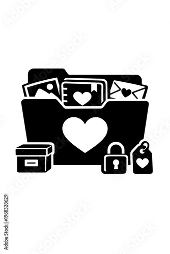 Black and White Icon of a Folder with a Heart Symbol and Documents Inside