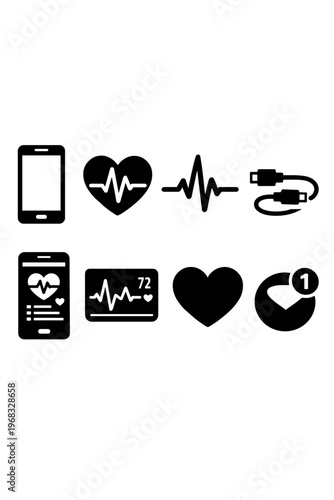 Cardiology Health Monitoring Icons On White Background Showing Heartbeat Graph And Smartphone App And Charging Cable
