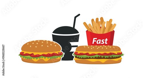 Fast food meal with burgers fries and a drink silhouette