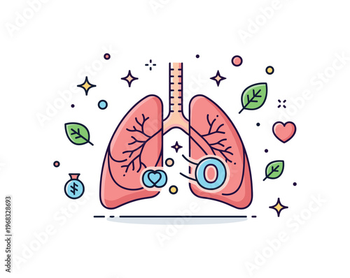 Lungs breathing air forest air concept where lungs intake pure oxygen while tiny sparkle and leaf icons highlight nature, health, and vitality. The