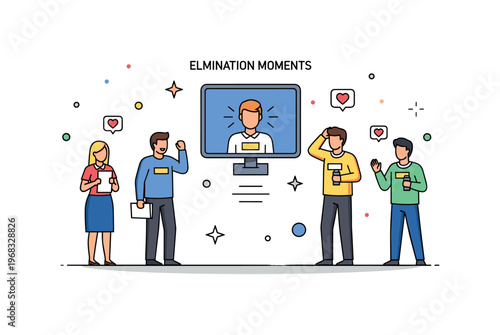 Reality TV moments elimination night scene where contestants react to results while small sparkle and heart icons emphasize suspense, emotion, and audience