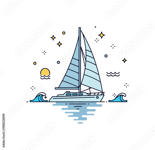 Sailing boat evening cruise scene where lights reflect off the boat while small sparkle and wave icons highlight relaxation, leisure, and scenic coastal