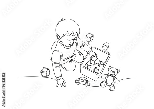 Playroom Sorting. Minimalistic one-line drawing child arranging toys and cleaning up scattered items, continuous single black line on white background, simple