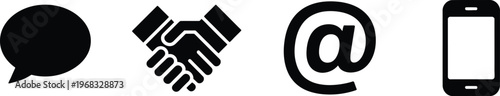 Black icons showing speech bubble for communication, handshake symbolizing agreement partnership, at symbol for email contact, and smartphone technology