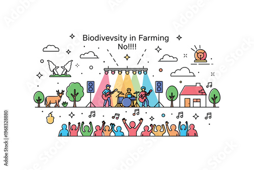 Biodiversity in Farming. Minimalistic one-line drawing polyculture farm with diverse plants, trees, and animals, continuous single black line on