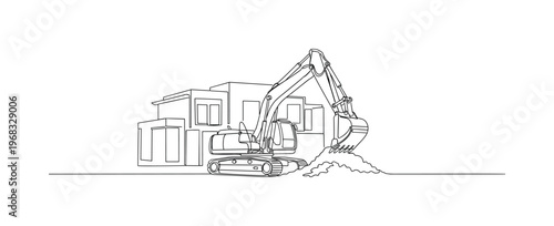 Construction Dig. Minimalistic one-line drawing excavator scooping soil at building site with outline of structure, continuous single black line on white