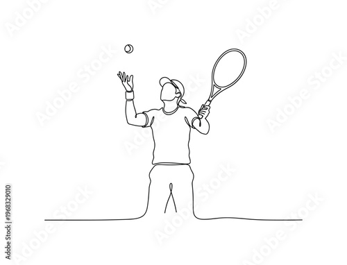 Tennis Serve. Minimalistic one-line drawing player tossing ball for serve with racquet ready, continuous single black line on white background, simple outline