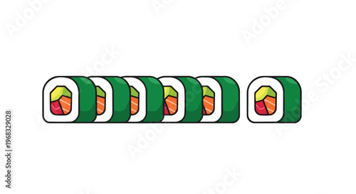 A simple graphic illustration featuring a row of individually wrapped sushi rolls with vibrant fillings, displayed against a clean white background