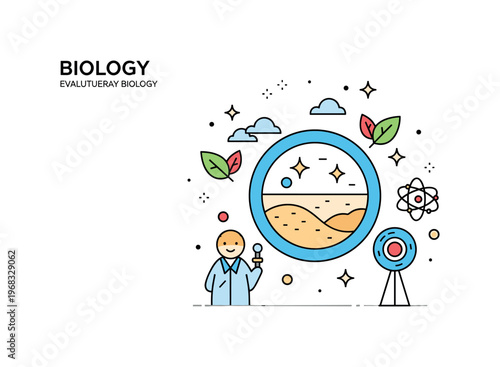 Biology evolutionary biology concept where species development and adaptation are illustrated while small sparkle and leaf icons emphasize change over time,