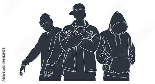 Three young men posing with confident attitudes a striking silhouette