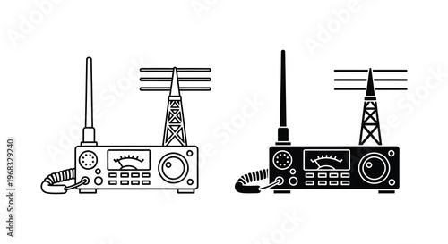 Black and white line art of vintage radio communication equipment silhouette
