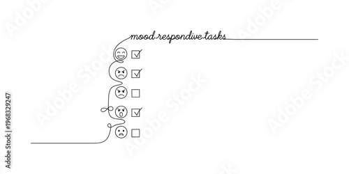 Mood-Responsive Tasks. Minimalistic one-line drawing checklist with small expressive faces for each task, continuous single black line on white background,
