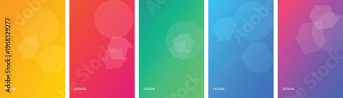 Set of abstract gradient backgrounds with geometric hexagons and circles