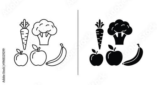 Fresh fruits and vegetables depicted in a stark black silhouette