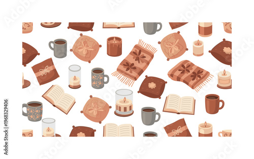warmth patterns seamless pattern, repeating pattern, surface design, textile print, modern illustration of mugs, candles, cozy blankets, pillows, books and