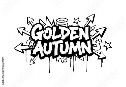 Golden Autumn. lettering and all elements in black. Vector style. AWhite background. Pure white background. Perfect isolation and visual consistency. Dynamic