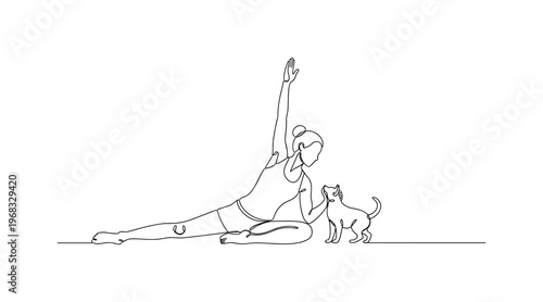 Pet Yoga Session. Minimalistic one-line drawing person performing yoga poses while pet interacts, continuous single black line on white background, simple