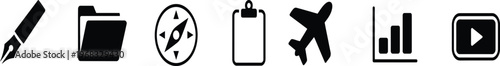 Black icons showing fountain pen nib for writing, folder for file management, compass for navigation, clipboard, airplane, bar chart, play button