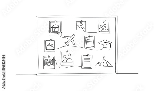 Dream Board. Minimalistic one-line drawing corkboard with pinned photos and small symbols representing personal goals, continuous single black line on white
