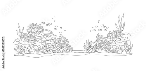 Coral Reef Scene. Minimalistic one-line drawing coral structures with small fish and seabed plants, continuous single black line on white background, simple