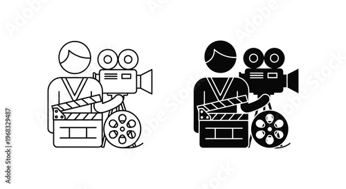 Filmmaker with movie camera and clapperboard a striking silhouette