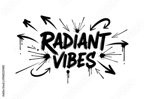 Radiant Vibes. lettering and all elements in black. Vector style. AWhite background. Pure white background. Perfect isolation and visual consistency. Dynamic