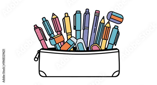 Colorful pencils and crayons in case.