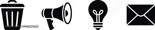 trash can for deletion, megaphone for communication, light bulb symbolizing ideas creativity, and envelope representing mail messaging