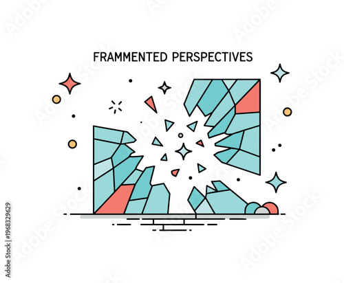 Fragmented perspectives shattered glass abstract scene where broken geometric panes create multiple viewpoints while small sparkle and star icons emphasize