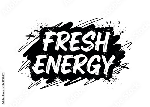 Fresh Energy. lettering and all elements in black. Vector style. AWhite background. Pure white background. Perfect isolation and visual consistency. Grunge