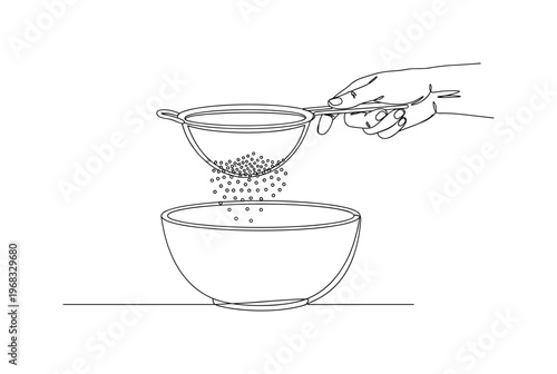 Flour Preparation. Minimalistic one-line drawing hand sifting flour with fine mesh strainer into bowl, continuous single black line on white background, simple
