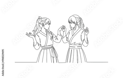 Cosplay Duo Scene. Minimalistic one-line drawing couple acting as anime characters with gestures, continuous single black line on white background, simple