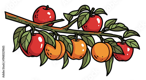 Oranges and apples on tree branch.
