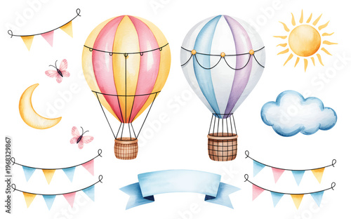 Hot air balloon celebration elements in watercolor. Sky themed party decor with balloons, clouds and bunting.